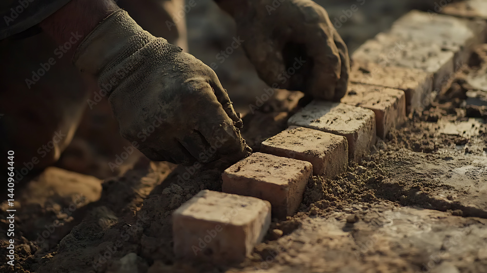 Hands in Gloves Laying Bricks on a Construction Site