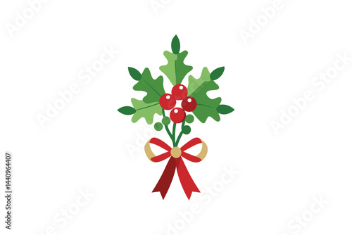 Mistletoe and Holly Bunch with Ribbon Illustration 