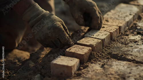 Obraz na płótnie Hands in Gloves Laying Bricks on a Construction Site w salonie