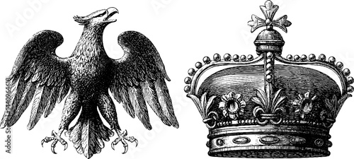 Engraved illustration of imperial eagle and royal crown set for historical design