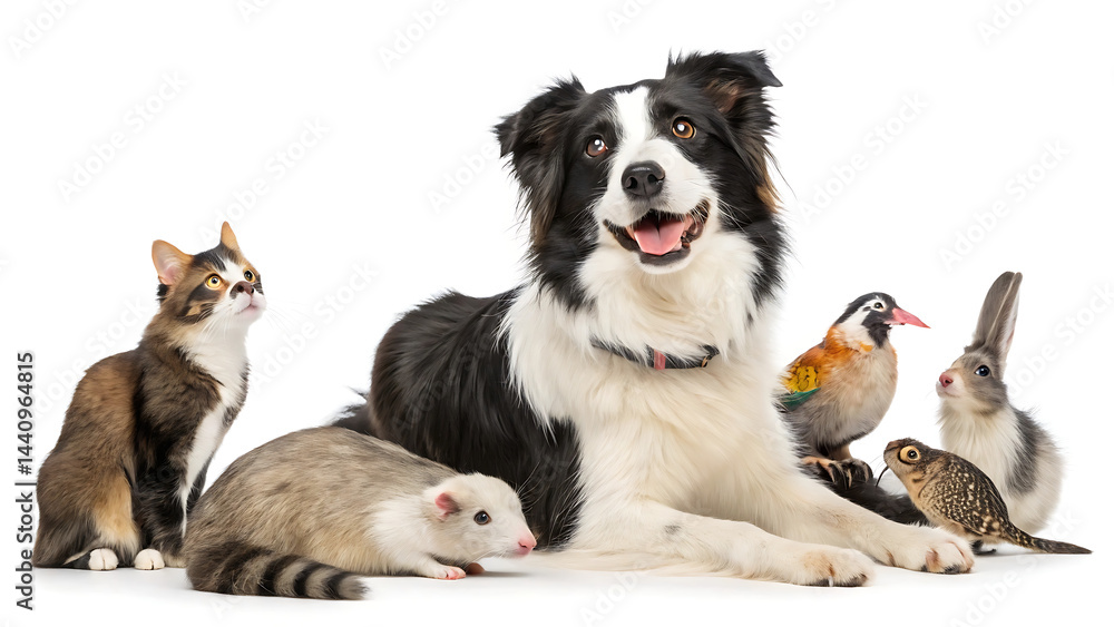 Obraz premium border collie dog portrait with a hiding cat behind in front of a blue background