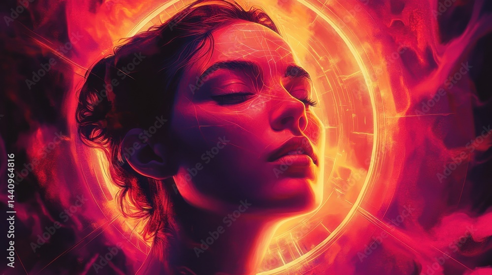 Fototapeta premium Divine feminine archetype radiating sacred geometry cosmic background ethereal glow spiritual symbolism. Sacred. Illustration