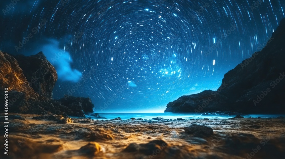 Naklejka premium Celestial Dance Over Coastal Cliffs: A Night Sky Symphony