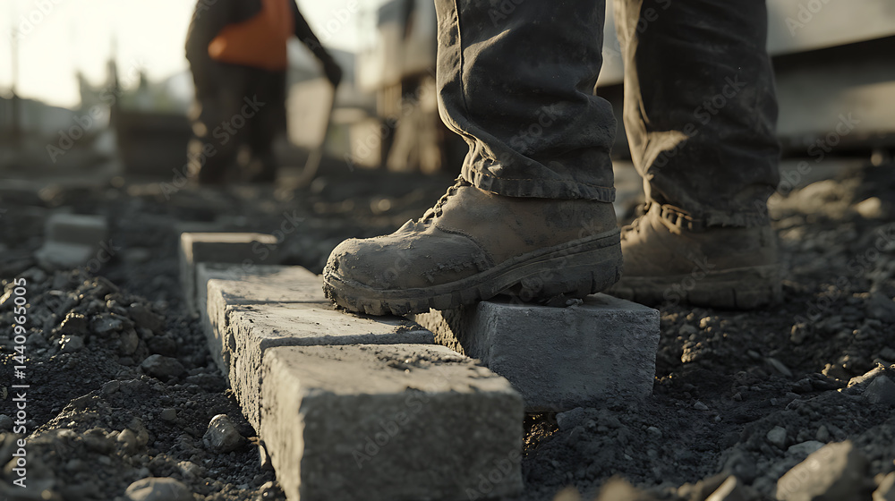 Construction Worker's Boots on Concrete Blocks