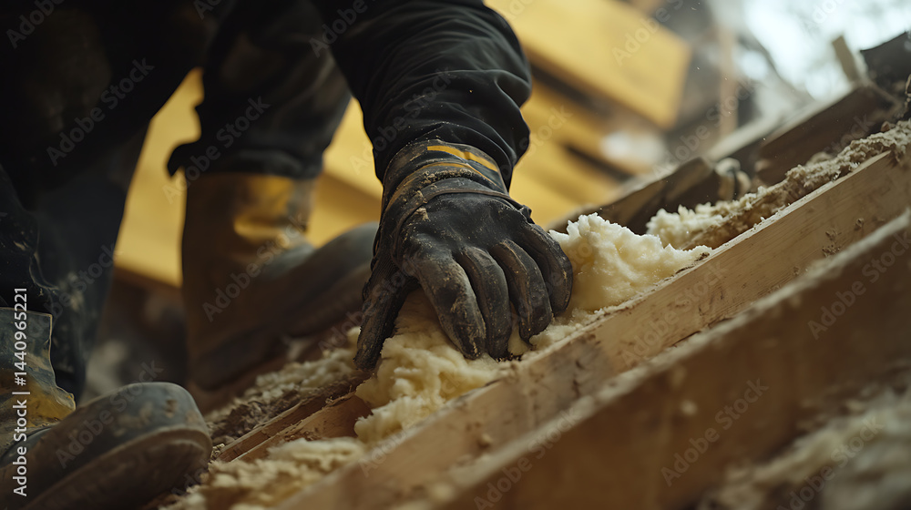 Worker Installing Insulation in Attic