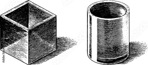Vintage engraved illustration of mirrored cube and cylindrical tub for design projects