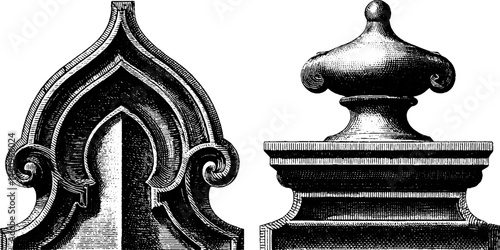 Antique architectural engravings of foiled arch and crock elements for historical design