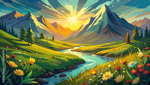 Golden sunlight spills over emerald meadows.
Bright blossoms sway beneath ancient mountain peaks.
Cool streams weave silver ribbons through the grass.
Nature smiles in its full springtime glory.