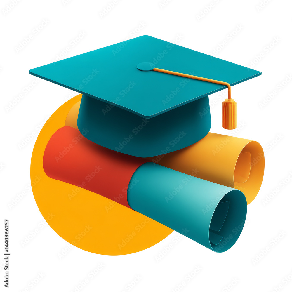 Graduation cap and rolled diplomas on a colorful background celebrating academic achievement