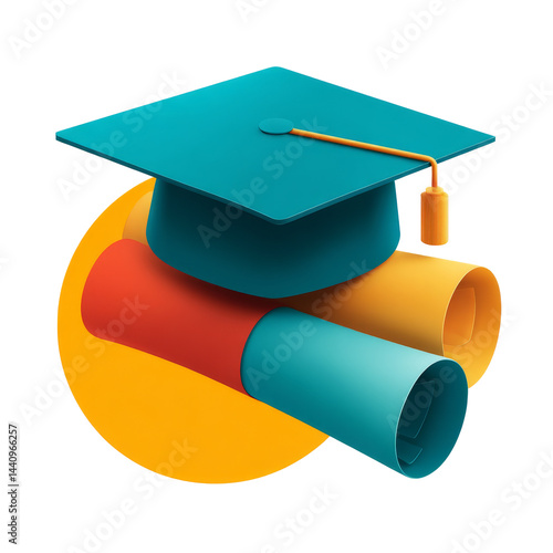 Graduation cap and rolled diplomas on a colorful background celebrating academic achievement