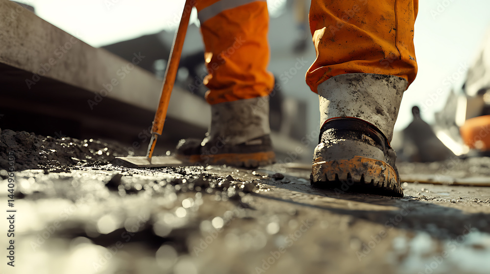 Construction Worker in Protective Gear on Wet Concrete