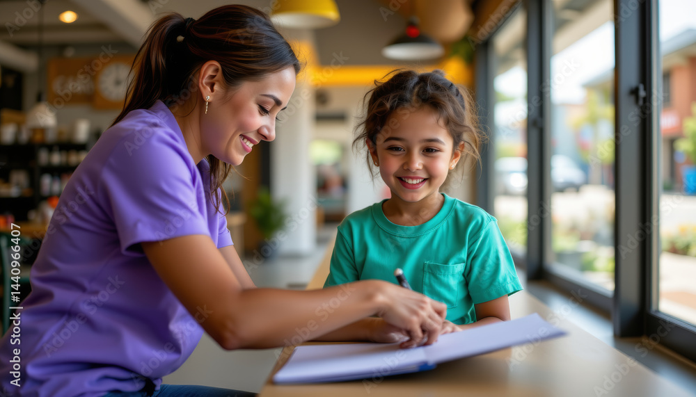 Joyful interaction between woman and child in cafe Joyful interaction between woman and child in cafe