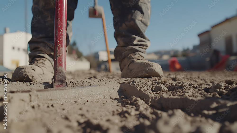 Construction Worker Using a Level on a Dirt Surface