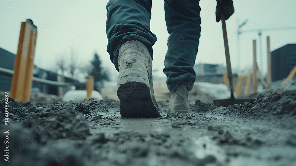 Construction Worker Walking on Muddy Site