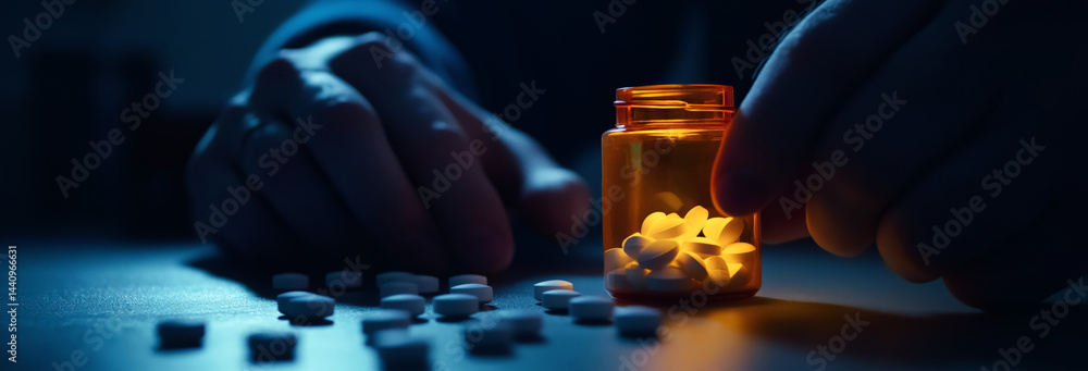 A close-up of a person's trembling hand holding a pill bottle, with scattered pills on a table beneath harsh