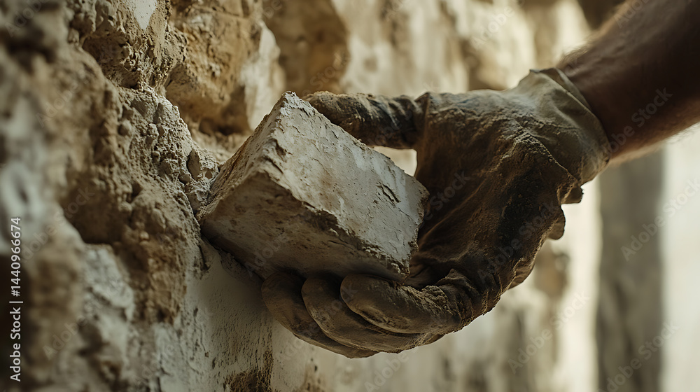 Construction Worker Placing a Brick in Wall