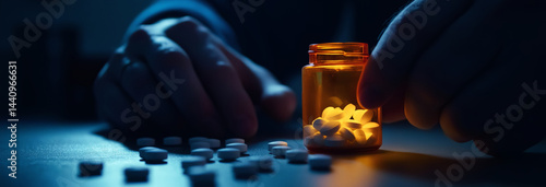 Obraz na płótnie A close-up of a person's trembling hand holding a pill bottle, with scattered pills on a table beneath harsh w salonie