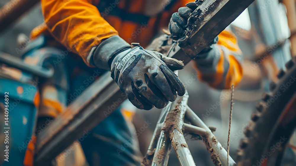 Worker in Industrial Setting Handling Metal Structures