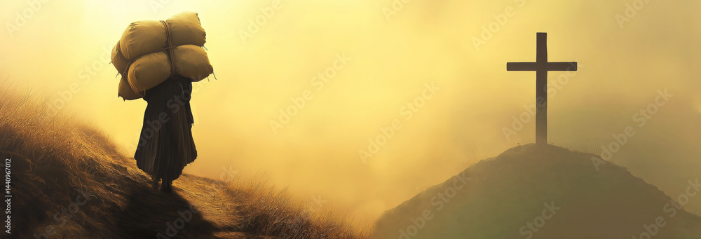 Burdened Woman Ascending a Hill: A symbolic image showing a woman struggling up a steep
