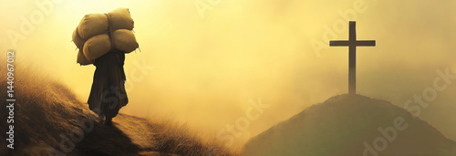 Obraz na płótnie Burdened Woman Ascending a Hill: A symbolic image showing a woman struggling up a steep w salonie