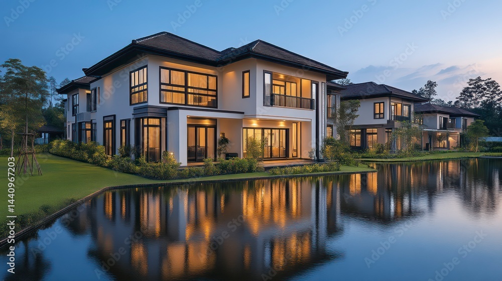 Luxurious Modern Homes Reflecting in Serene Waterfront at Dusk Luxurious Modern Homes Reflecting in Serene Waterfront at Dusk