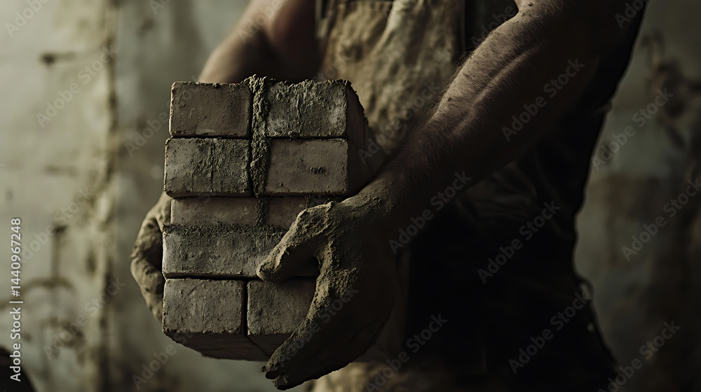 Person Holding Stacked Bricks in a Dusty Environment