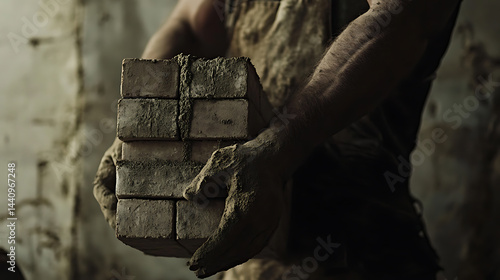 Obraz na płótnie Person Holding Stacked Bricks in a Dusty Environment w salonie