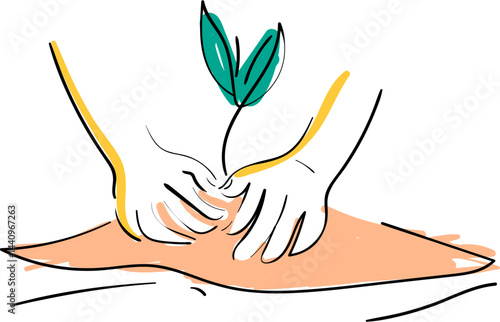 Minimalist line art illustrations of hands planting small seedlings.
