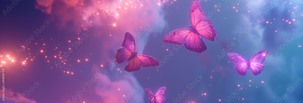 A futuristic and vibrant background featuring ethereal, glowing butterflies with translucent wings