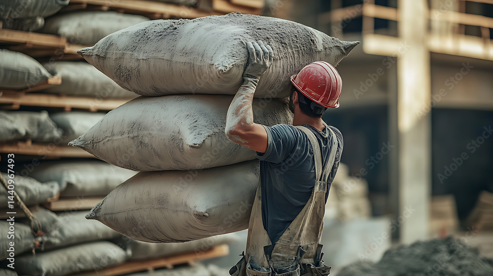 Construction Worker Carrying Cement Bags
