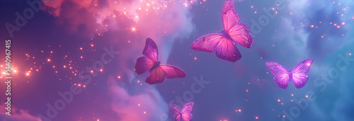 Obraz na płótnie A futuristic and vibrant background featuring ethereal, glowing butterflies with translucent wings w salonie