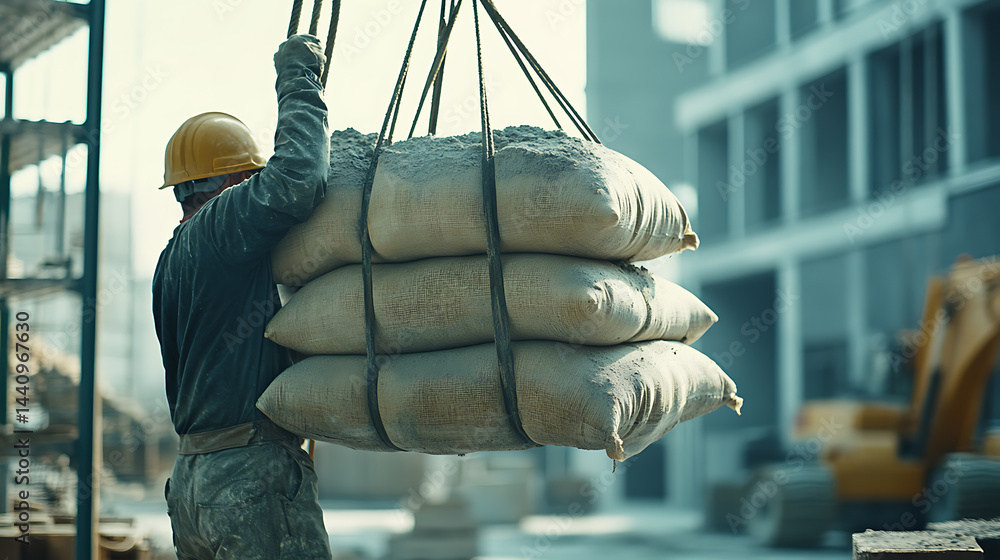 Construction Worker Carrying Heavy Sacks