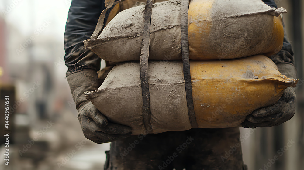 Construction Worker Carrying Heavy Sacks