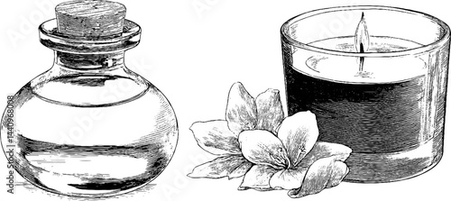 Engraved botanical set with bath oil, candle, and flowers for spa and relaxation decor