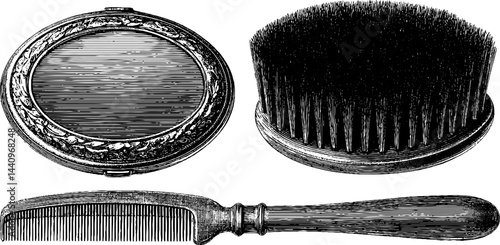 Vintage engraved illustrations of locket, hair comb, and brush set for design and decor