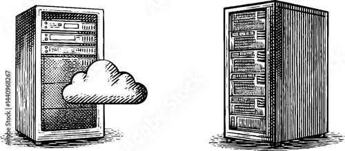 Engraved technology illustration featuring network servers and cloud computing icons