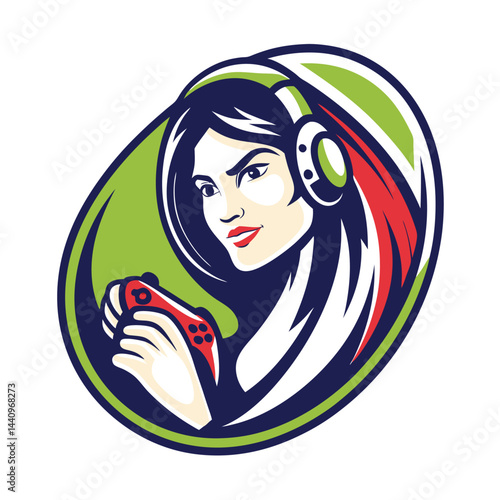 Female gamer holding a controller, wearing headphones