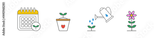 Set of colorful icons representing plant growth stages, gardening calendar, watering, and blooming flower, ideal for farming and eco themes.
