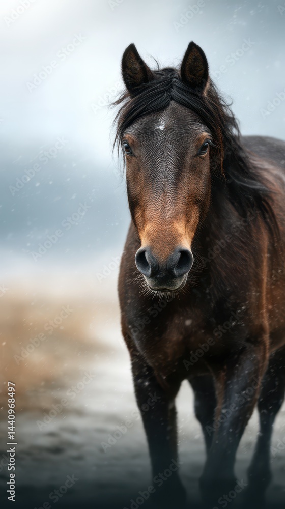 Majestic black horse standing proud against a misty landscape at sunrise Majestic black horse standing proud against a misty landscape at sunrise