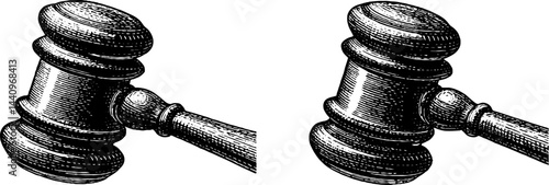 Engraved illustration set of public defender gavels for legal design and decorations