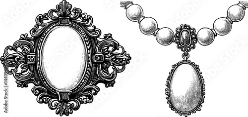 Intricate engraved vintage brooch and necklace pendant set for jewelry design