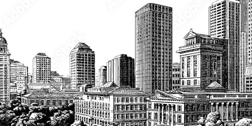 Engraved illustration of urban planner design featuring cityscape architecture elements