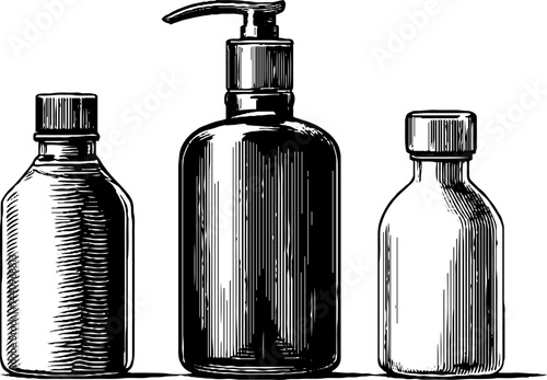 Vintage engraved illustration set of moisturizer bottles for skincare and beauty design