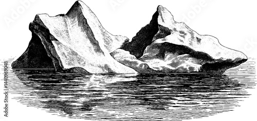 Engraved ice floe in bold black lines for nature and climate concepts
