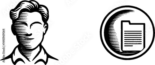 Engraved monochrome user icon and document report illustration set for design