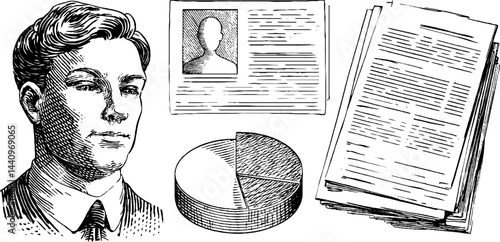 Vintage engraved illustration set featuring user profile icon, detailed report, and pie chart