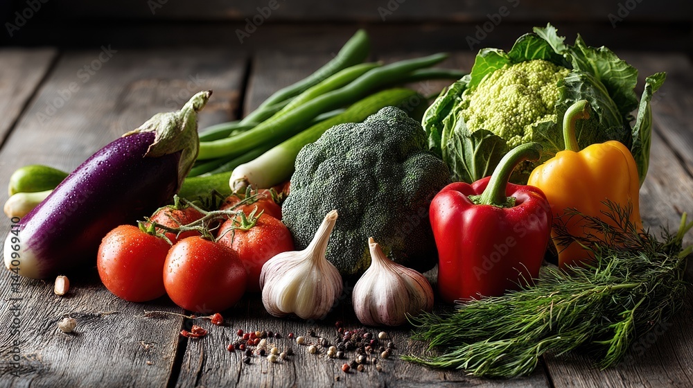Fresh organic vegetables on rustic wooden table with peppers, broccoli, garlic, and tomatoes