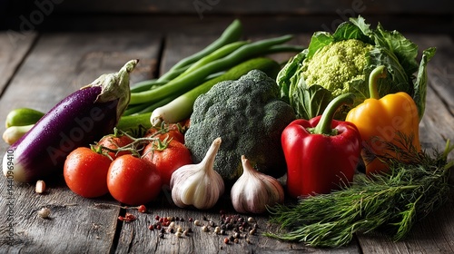 Fresh organic vegetables on rustic wooden table with peppers, broccoli, garlic, and tomatoes