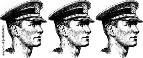 Vintage engraved illustrations of coast guard officers in uniform profile view
