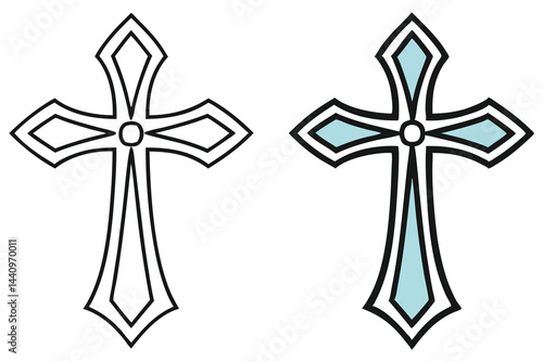 Ornate Cross Cliparts Black Outline, Filled with Light Blue Color on White Background